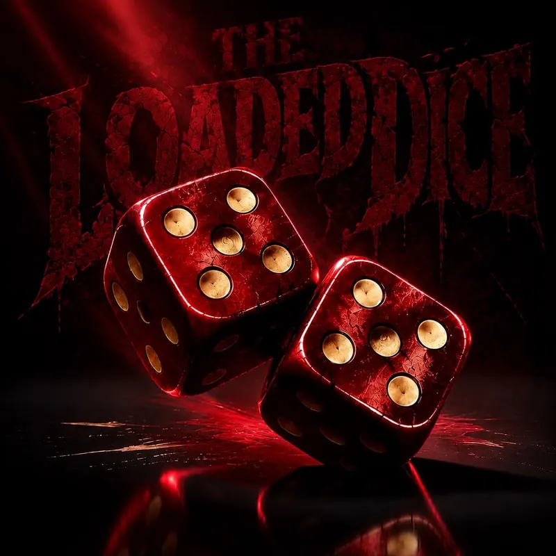 Two glowing red dice with gold pips on a dark red background