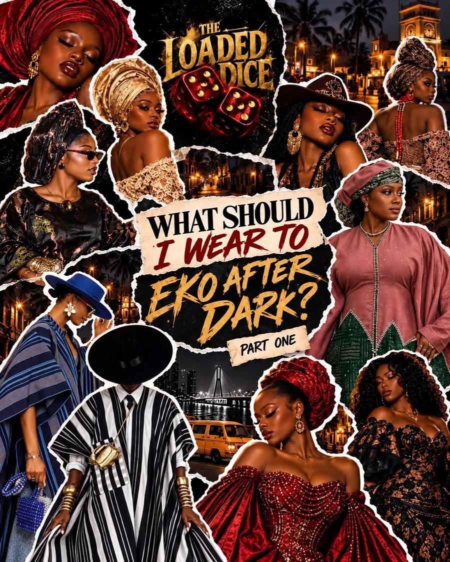 A collage of guests in trendy traditional Nigerian outfits: geles, lace, agbada, aso-oke and beads, in red, black and gold