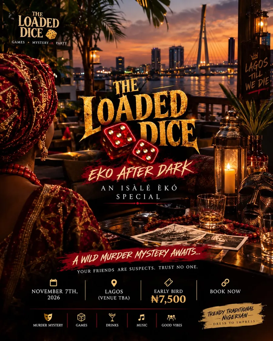 Èkó After Dark poster: a woman in a red gele looking over Lagos lagoon at dusk, with a table of dice, a mask and crime-scene photos